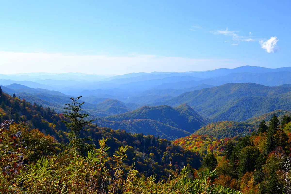 A scenic view of nearby mountain ranges, colorful foliage, and a clear blue sky. The tranquil natural setting invites photography, reflection, and appreciation of the region's beauty—evoking the presence of Lookout Mountain and the scenic experiences Chattanooga offers.